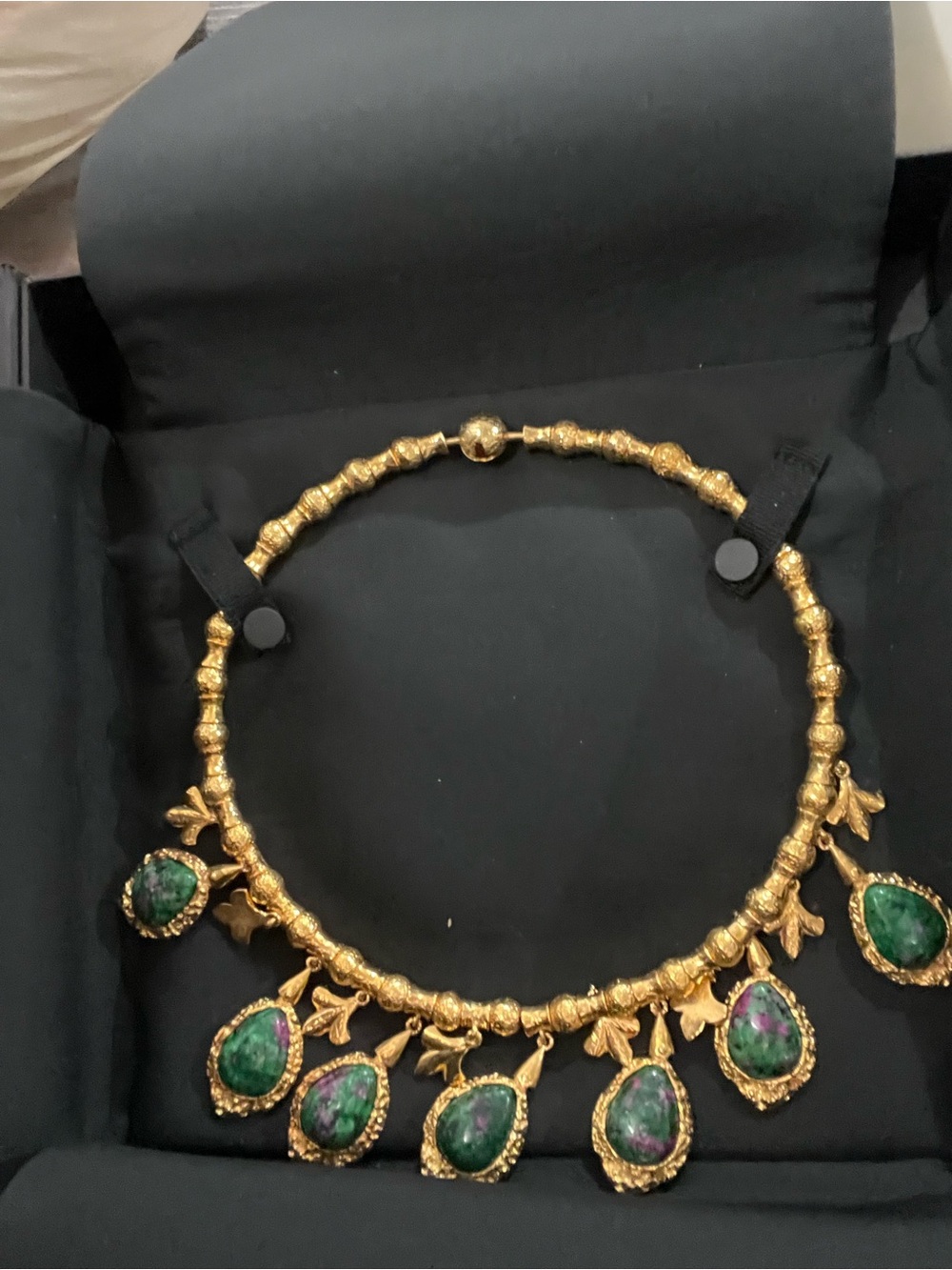 Gold-Tone Necklace with Green Teardrop Gem Drops